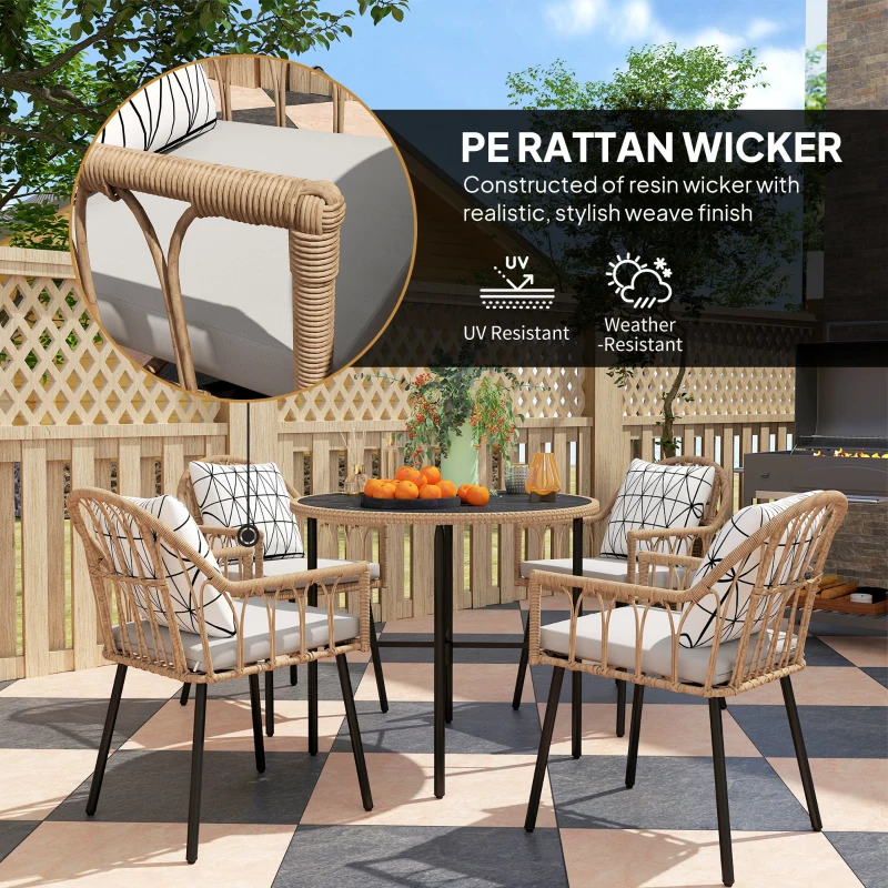 Best 5 Piece Patio Rattan Dining Set, Wicker Garden Table and Chairs w/ Removable Seat & Back Cushions, Round Tempered Glass Tabletop, Parasol Hole, Outdoor Furniture Conservatory Set, Light Brown - Image 4