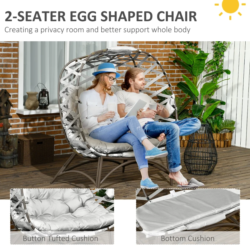 Best 2 Seater Egg Chair Outdoor, Folding Weave Garden Furniture Chair with Cushion, Cup Pockets - Light Grey - Image 5