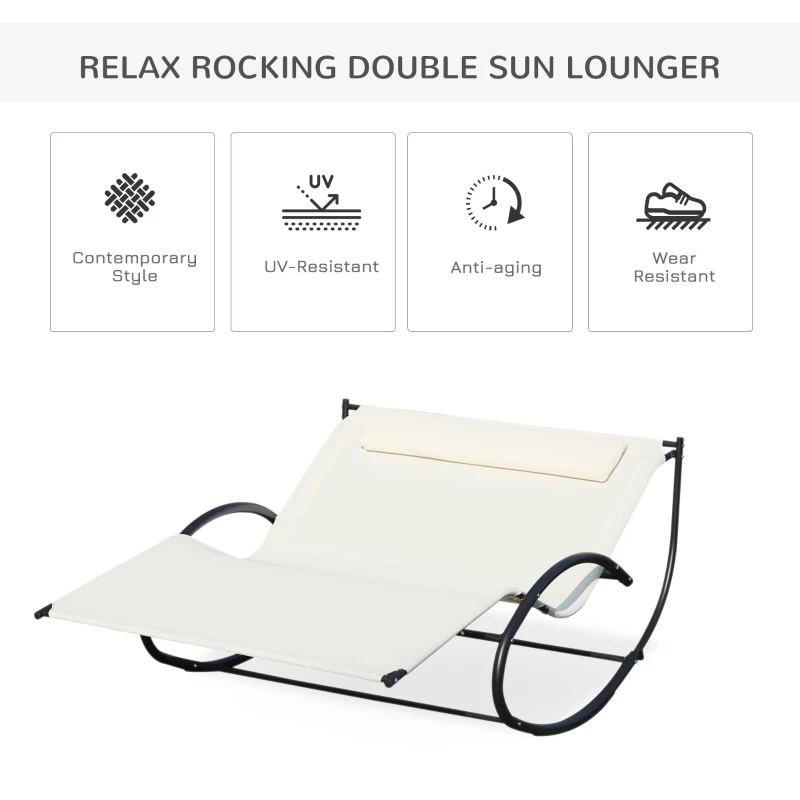 Best Double Sun Lounger, Rocking Lounger Sunbed Daybed with Armrest and Headrest Pillow, for Two, For Outdoor Patio Garden, Cream White - Image 4
