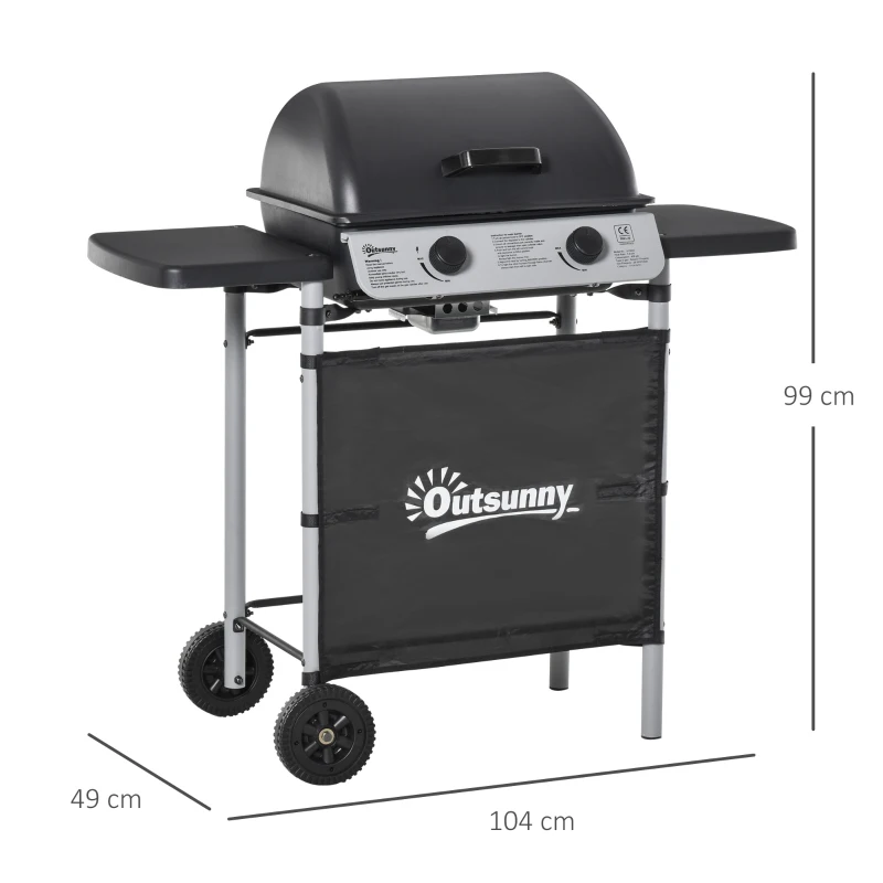 Best 2 Burner Gas BBQ Trolley with Lid, 5.6 kW Gas Barbecue Grill with Wheels, Side Shelves, Black - Image 3