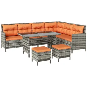 Best 7-Seater Patio wicker Sofa Set Rattan Chair Furniture w/ Glass & Cushioned, Orange