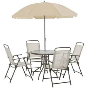 Best Garden Patio Texteline Folding Chairs Plus Table and Parasol Furniture Bistro Set 6 Pieces - Coffee/Cream