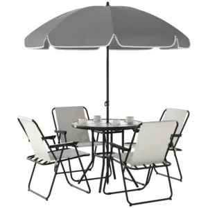 Best 4 Seater Garden Furniture Set, 6 Pieces Garden Table and Chairs with Parasol, Outdoor Garden Dining Set with Folding Chairs and Round Glass Top Table for Patio, Cream White