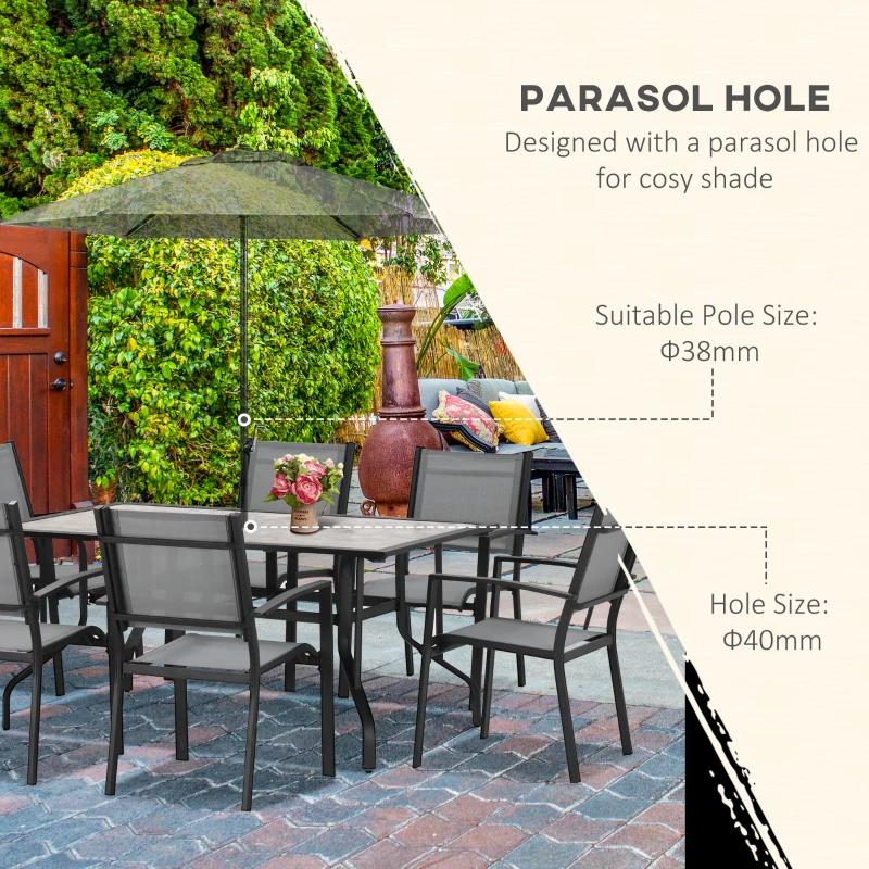 Best 7 Pieces Garden Dining Set, 6 Seater Garden Table and Chairs with Parasol Hole, Outdoor Furniture Armchairs and Stone-like Plastic Top Table with Breathable Mesh Fabric Seat, Grey - Image 6