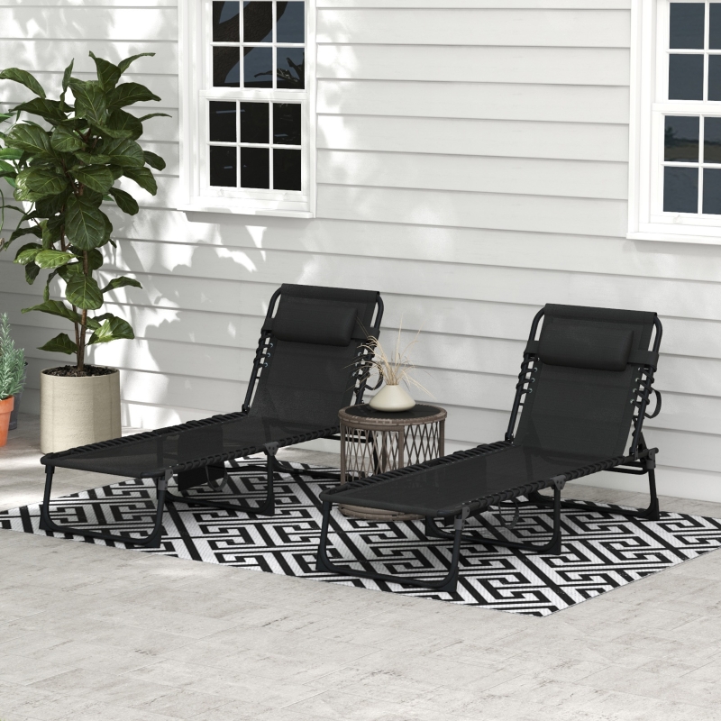 Best Portable Sun Lounger Set of 2, Folding Camping Bed Cot, Reclining Lounge Chair 5-position Adjustable Backrest with Side Pocket, Pillow for Patio Garden Beach Pool, Black - Image 10