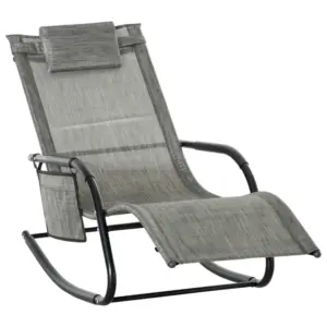 Best Outdoor Garden Rocking Chair, Patio Sun Lounger Rocker Chair with Breathable Mesh Fabric, Removable Headrest Pillow, Armrest, Side Storage Bag, Dark Grey