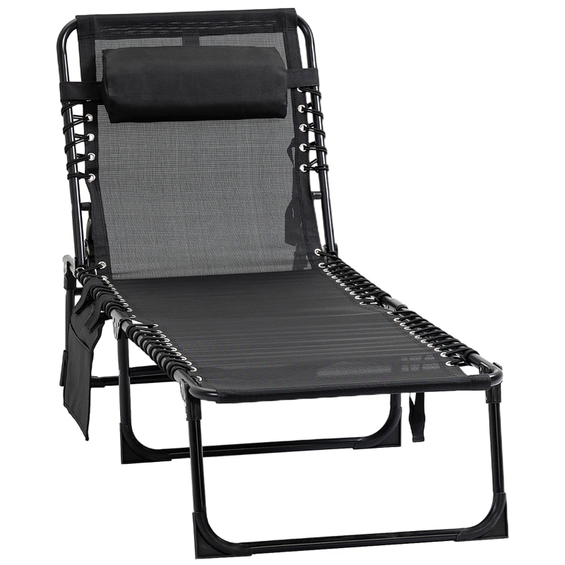 Best Portable Sun Lounger, Folding Camping Bed Cot, Reclining Lounge Chair 5-position Adjustable Backrest with Side Pocket, Pillow for Patio Garden Beach Pool, Black - Image 11