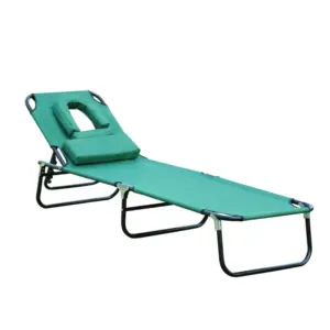 Best Foldable Outdoor Sun Lounger Adjustable Backrest Reclining Chair with Pillow and Reading Hole Garden Beach, Dark Green