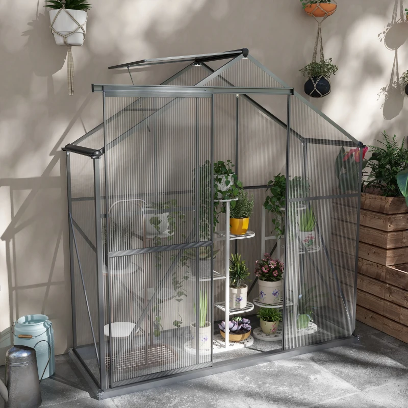 Best 6 x 2.5ft Polycarbonate Greenhouse Walk-In Green House with Rain Gutter, Sliding Door, Window, Foundation, Dark Grey - Image 2