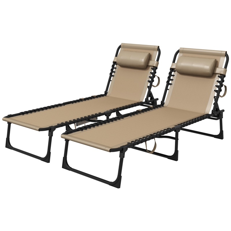 Best Portable Sun Lounger Set of 2, Folding Camping Bed Cot, Reclining Lounge Chair 5-position Adjustable Backrest with Side Pocket, Pillow for Patio Garden Beach Pool, Beige - Image 11
