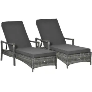 Best PE Rattan Sun Loungers set of 2 with Cushion, Outdoor 2 Pieces Garden Sunbed Furniture with 4-Level Recliner Backrest, and Armrest, Grey