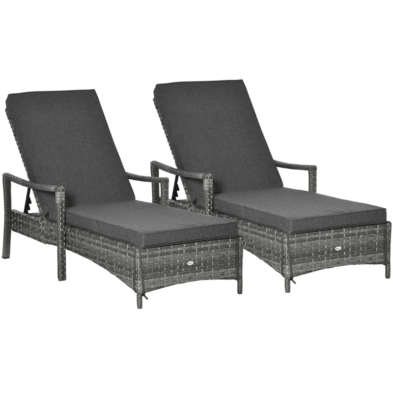Best PE Rattan Sun Loungers set of 2 with Cushion, Outdoor 2 Pieces Garden Sunbed Furniture with 4-Level Recliner Backrest, and Armrest, Grey