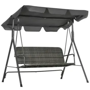 Best 3-Seater Outdoor PE Rattan Swing Chair, Patio Wicker Hanging Swing Bench with Steel Frame Stand & Adjustable Canopy, Grey