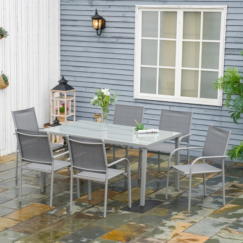 Best 7 Piece Garden Dining Set, Outdoor Table and 6 Stackable Chairs, Steel Frame, Tempered Glass Top Table, Mesh Seats, Grey - Image 2