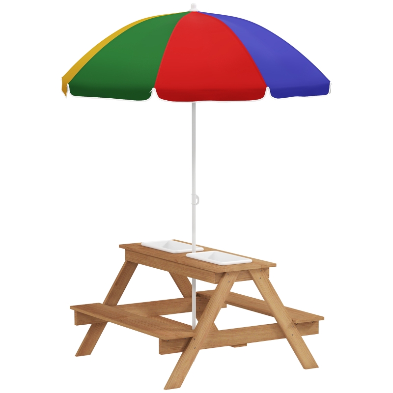 AIYAPLAY Kids Picnic Table, Sand and Water Table with Wooden Benches, Adjustable Parasol and Storage Bins, Multicolour - Image 11