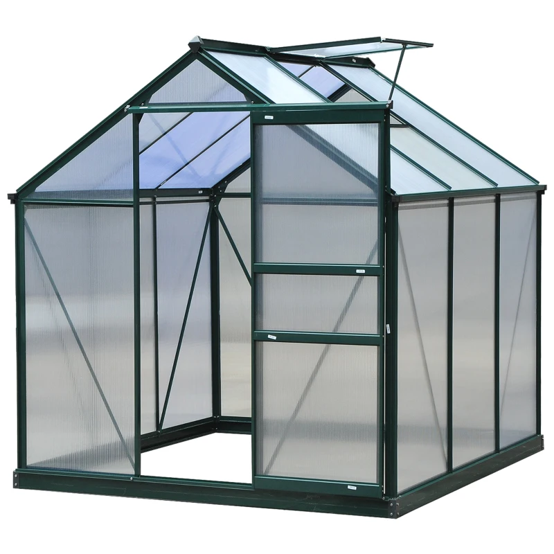 Best 6 x 6ft Polycarbonate Greenhouse, Large Walk-In Green House with Slide Door and Window, Garden Plants Grow House with Aluminium Frame and Foundation, Dark Green