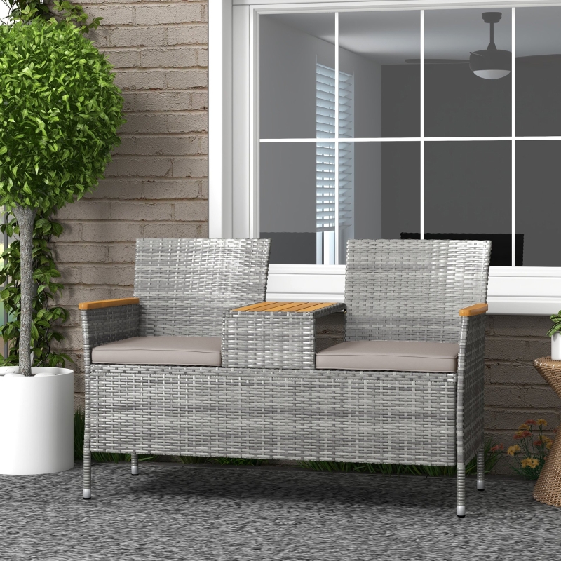 Best Two-Seat Rattan Loveseat, with Wood-Top Middle Table - Grey - Image 10