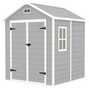 Best 6 x 5ft Garden Shed, Plastic Shed with Floor, Window, Lockable Doors and Vents, Wood Effect Resin Tool Shed for Outdoor Patio, Light Grey