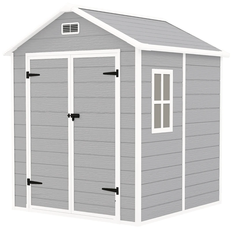 Best 6 x 5ft Garden Shed, Plastic Shed with Floor, Window, Lockable Doors and Vents, Wood Effect Resin Tool Shed for Outdoor Patio, Light Grey