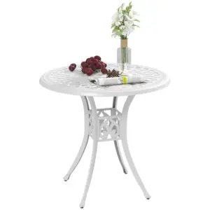 Best 78 cm Round Garden Dining Table with Parasol Hole Antique Cast Aluminium Outdoor Table Only, White