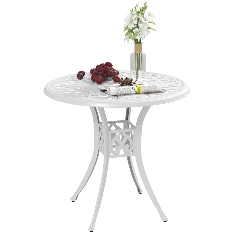 Best 78 cm Round Garden Dining Table with Parasol Hole Antique Cast Aluminium Outdoor Table Only, White