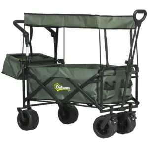 Best Folding Trolley Cart Storage Wagon Beach Trailer 4 Wheels with Handle Overhead Canopy Cart Push Pull for Camping, Green