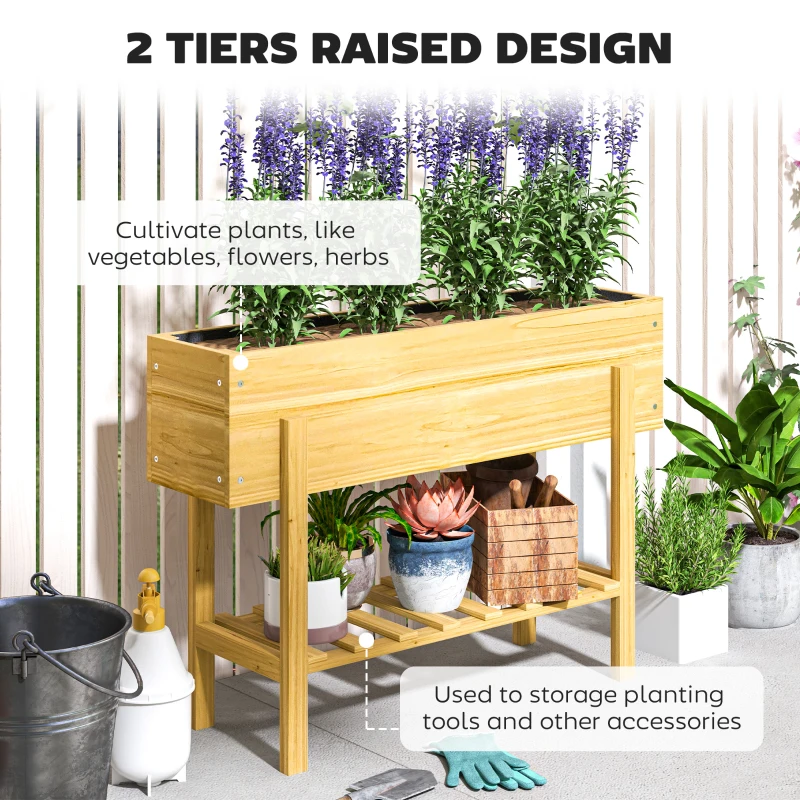 Best Wooden Raised Garden Bed, Elevated Planter Box with Bed Liner, Drainage Holes and Storage Shelf, Raised Planter for Vegetables, Flowers, Herbs, 100 x 30 x 71 cm, Natural Wood Finish - Image 4