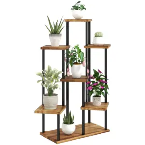 Best 7 Tier Plant Stand Indoor Outdoor, Tiered Corner Steel Wood Plant Shelf for Multiple Plants, Tall Flower Stand Display Rack for Garden Patio Balcony Living Room, Carbonised Finish