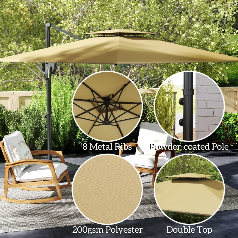 Best Cantilever Parasol with Weighted Base Double Top Garden Parasol Square Hanging Patio Umbrella with Crank Tilt Khaki - Image 6