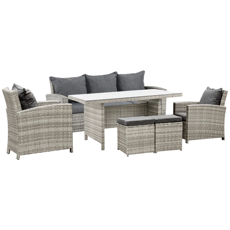 Best 6 Pieces PE Rattan Garden Furniture Set with Three-seat, Armchairs and Footstools, Aluminium Patio Wicker Dining Sets w/ Glass Top Dining Table, Soft Cushion, Light Grey