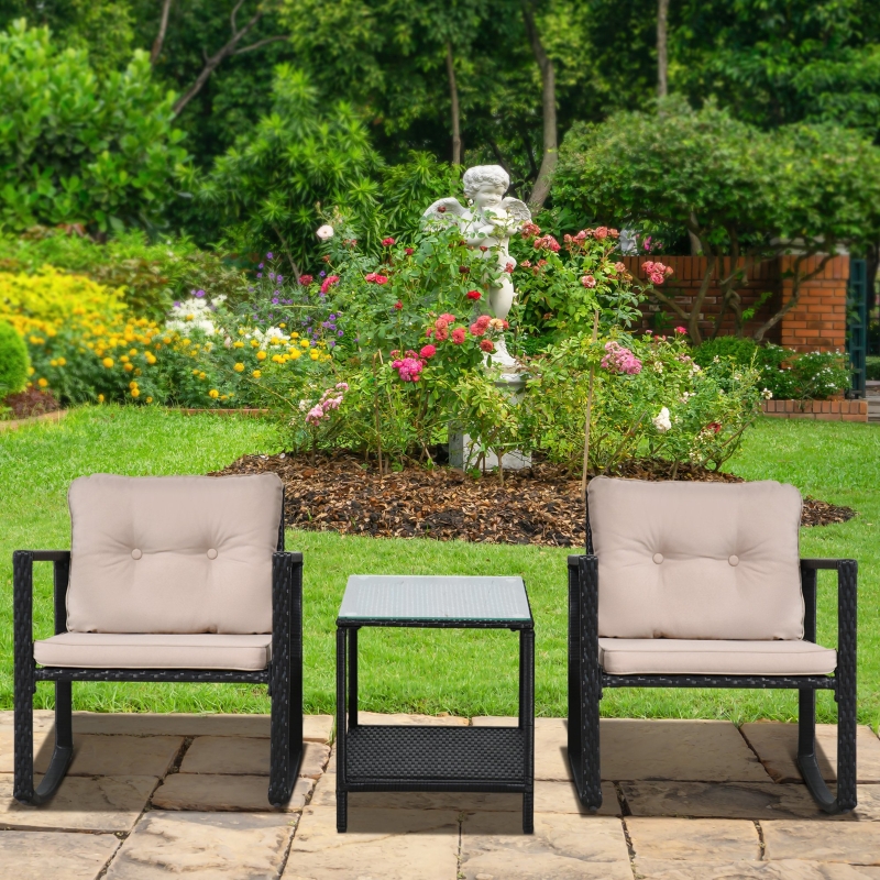 Best 3 Pieces Rattan Garden Rocking Chair Set, Outdoor Rocking Bistro Set w/ 2 Cushioned Armchair and Glass Top Two-tier Coffee Table, Black - Image 10