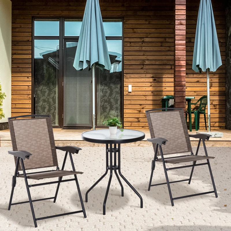 Best 3 Piece Outdoor Bistro Set, Patio Conversation Furniture Set with 2 Folding Backrest Adjustable Armchairs and Glass Top Coffee Table, Brown - Image 2