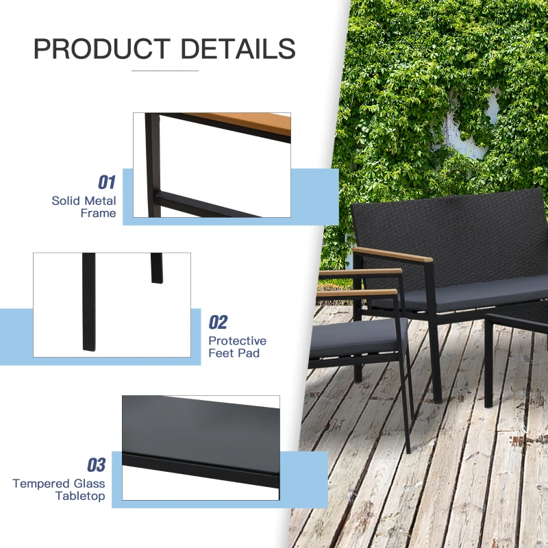 Best 4 Pieces Rattan Garden Furniture Set, 4 Seater Garden Sofa Set with Loveseat, 2 Armchairs and Glass Top Coffee Table, Wicker Outdoor Conservatory Furniture with Cushions for Patio, Black - Image 6