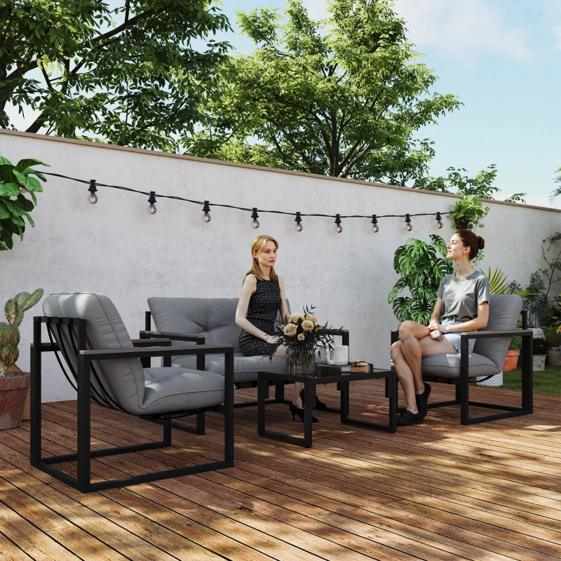 Best Garden Furniture Set, 4 Piece Indoor Outdoor Conservatory with Loveseat Sofa, Armchairs, Glass Top Coffee Table, Cushions for Balcony, Poolside, Patio, Dark Grey - Image 2