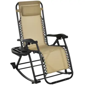 Best Garden Rocking Chair Folding Recliner Outdoor Adjustable Sun Lounger Rocker Zero-Gravity Seat with Headrest Side Holder Patio Deck - Beige