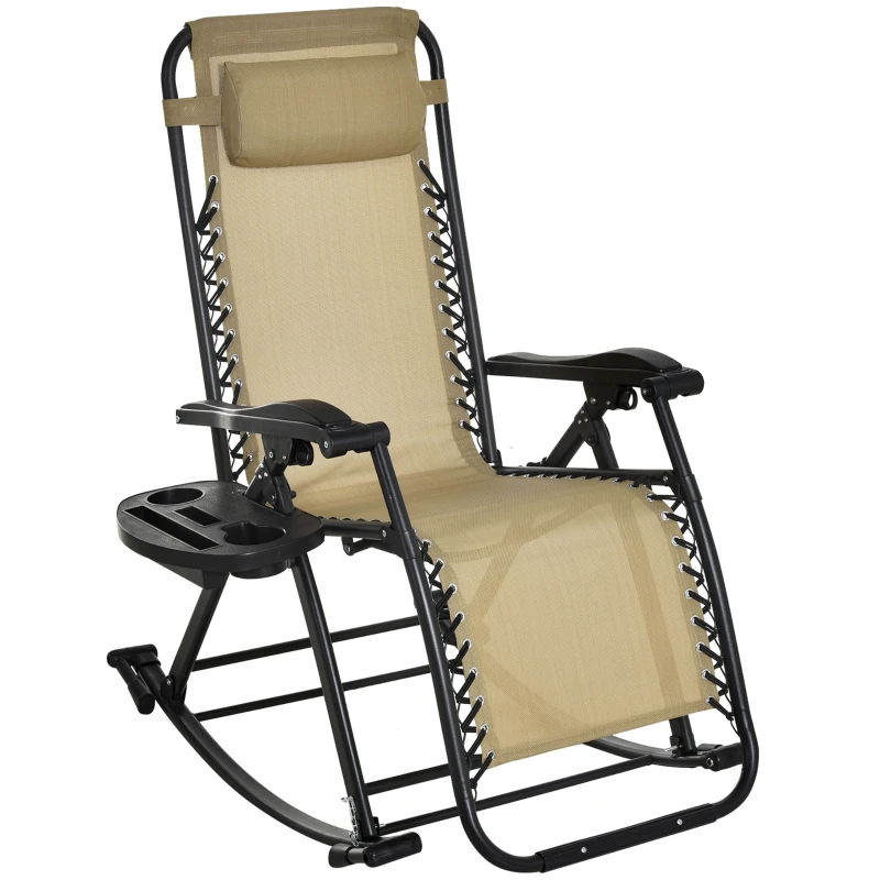 Best Garden Rocking Chair Folding Recliner Outdoor Adjustable Sun Lounger Rocker Zero-Gravity Seat with Headrest Side Holder Patio Deck - Beige
