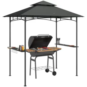 Best 8' x 5' Grill Gazebo, Double Tiered BBQ Gazebo Shelter Canopy with LED Lights, 2 Side Shelves, Hooks, Dark Grey