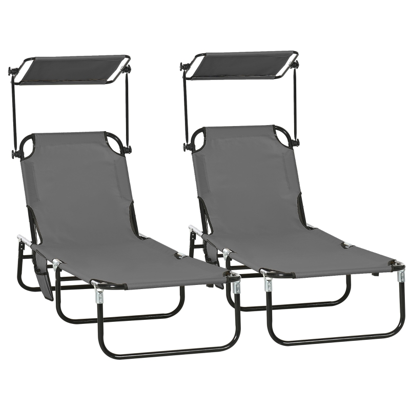 Best Set of Two Folding Sun Loungers, with Adjustable Backs and Sun Canopies - Grey - Image 11