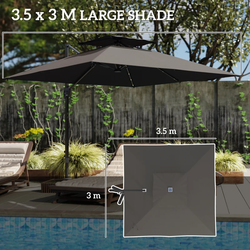 Best 3.5x3 m Garden Cantilever Parasol with Solar LED Lights and Centre Light, Aluminium Large Square Patio Umbrella, UPF50+ Hanging Sun Shade with Cross Base, Crank Handle and Tilt, Grey - Image 6
