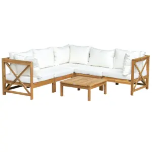 Best 6 PCS Elegant Wood Frame Outdoor Patio Dining Set w/ Cushions Coffee Table Garden Furniture Sofa Comfort Balcony Patio Cream White