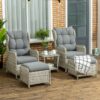 Best 5 Pieces Rattan Bistro Set with Adjustable Back, Reclining Wicker Balcony Furniture with Cushions, Glass Top Coffee Table and Footstools, Outdoor Table and Chairs, Grey - Image 10