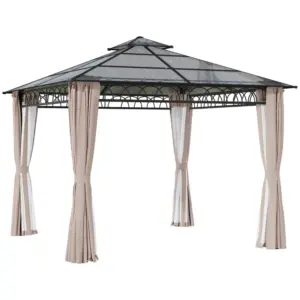 Best 3 x 3 (m) Outdoor Polycarbonate Gazebo, Double Roof Hard Top Gazebo with Galvanised Steel Frame, Nettings & Curtains for Garden, Lawn, Patio and Deck, Khaki