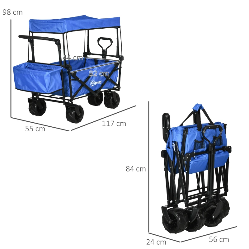 Best Folding Trolley Cart Storage Wagon Beach Trailer 4 Wheels with Handle Overhead Canopy Cart Push Pull for Camping, Blue - Image 3