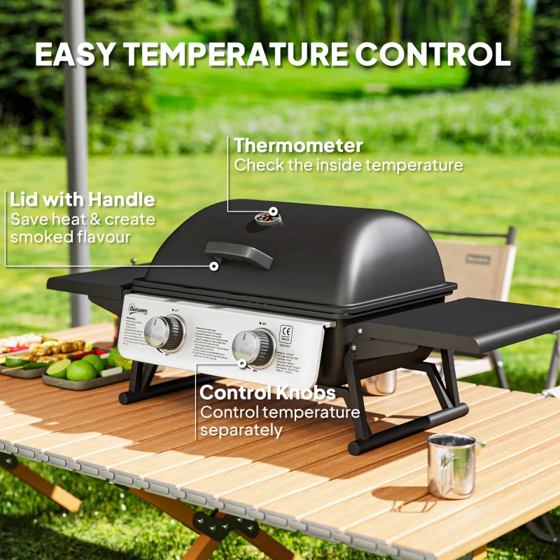 Best 2 Burner Gas BBQ Grill with Foldable Side Tables, Portable Tabletop Gas Barbecue Grill with Built-in Thermometer, Lid, Grease Tray for Garden Party Camping Picnic Outdoor Cooking 5.6KW, Black - Image 6