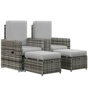 Best Rattan Sun Lounger w/ Storage Tea Table & Footstools, Grey