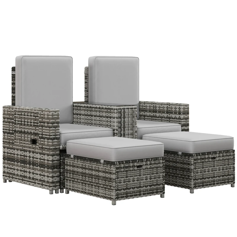 Best Rattan Sun Lounger w/ Storage Tea Table & Footstools, Grey