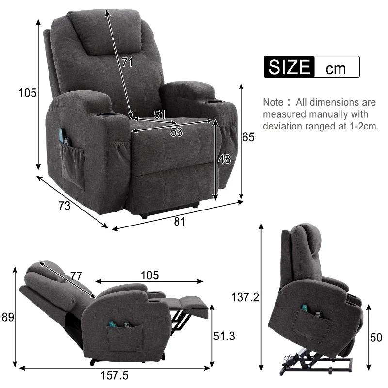 Power Lift Electric Recliner Chair with Massage, Heating, Cup Holders and Side Pockets, Recliner Armchair for Elderly, 81x73x105 cm, Grey - Image 3