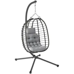 Best Rattan Hanging Egg Chair, Foldable Wicker Hammock Swing Chair with Cushion, Stand, Adjustable Height, Head Pillow, Steel Frame for Garden Patio Indoor Outdoor, Light Grey