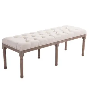 Best Bed End Side Chaise Lounge Sofa Stool Chic Button Tufted Window Hallway Seat Bench Wooden Leg Fabric Cover Padded Beige