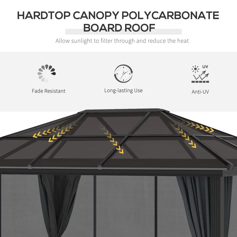 Best 3 x 3.6m Hardtop Gazebo Canopy with Polycarbonate Roof, Aluminium Frame, Permanent Pavilion Garden Gazebo with Netting and Curtains for Patio, Deck, Dark Grey - Image 4